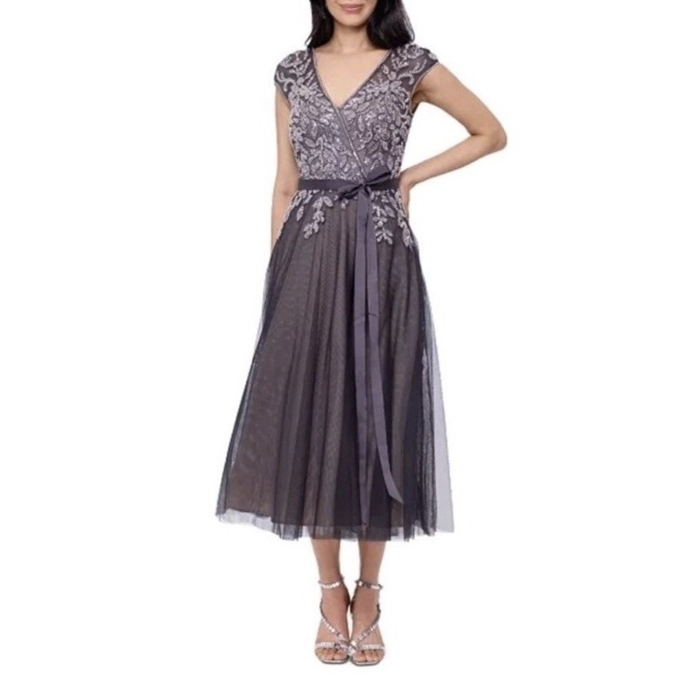 Xscape Womens Gray Beaded Mesh Dress Size 6